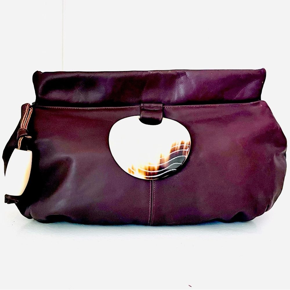 Vintage 70s Brown Leather Clutch Handbag Purse by Jerry Moss